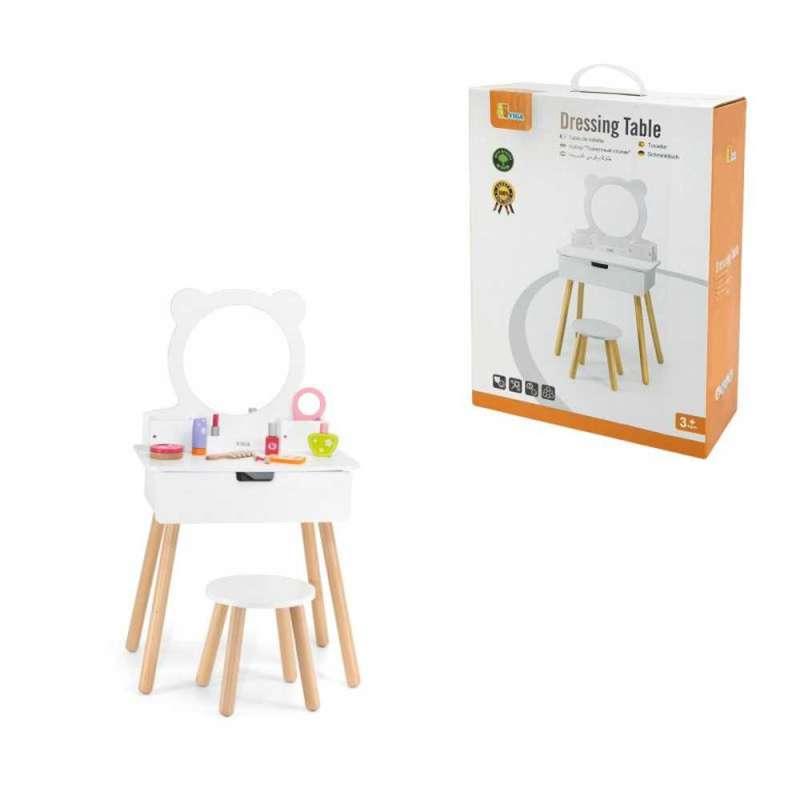 44711 BIJELI DRVENI TOALETNI STOL S OGLEDALOM I STOLICOM 